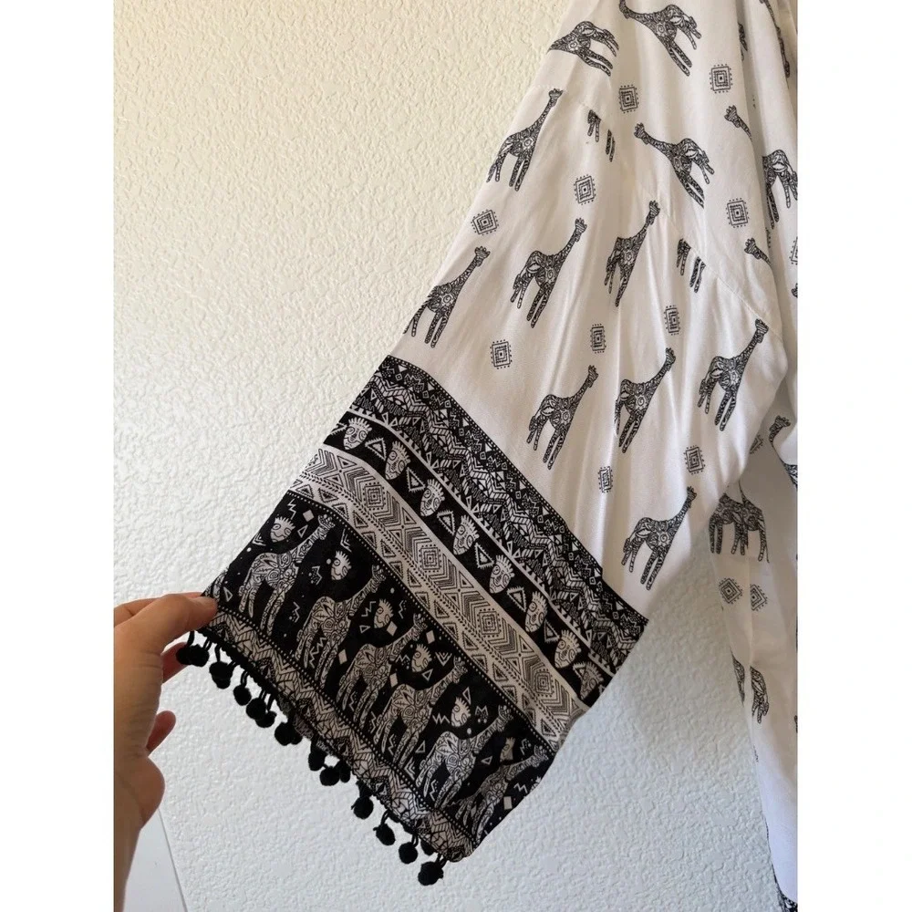 Relipop Womens Kimono Cardigan White Black Giraffe Print Boho‎ Pom Pom Trim M